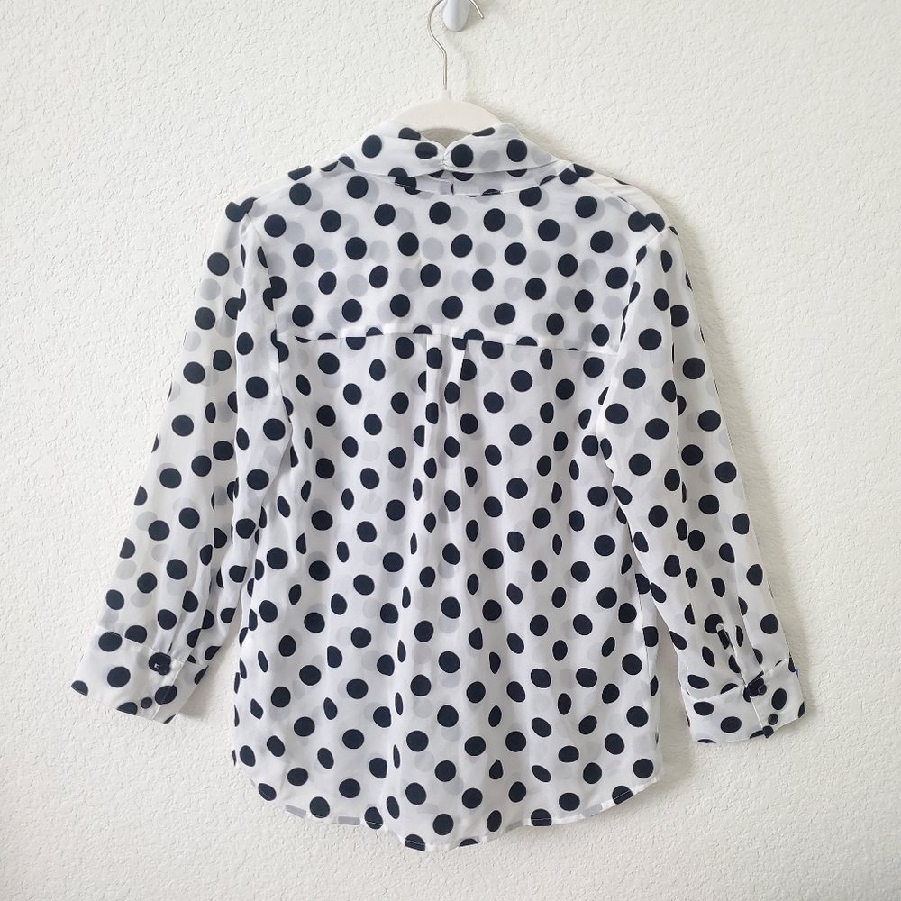Kensie Semi-sheer Flocked Polka Dot Tie Neck Blouse Top 3/4 Sleeve Relaxed Fit - Picture 5 of 14